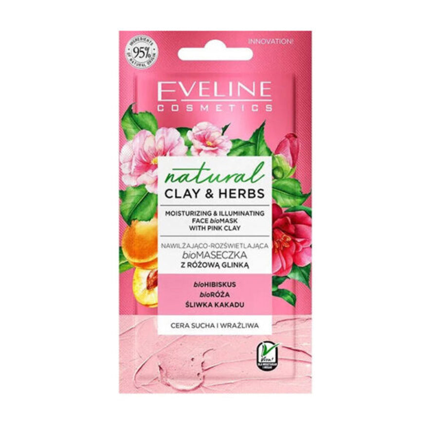 Eveline Natural Clay&Herbs Moisturizing and Illuminating Mask with Pink Clay for Dry and Sensitive Skin 8ml